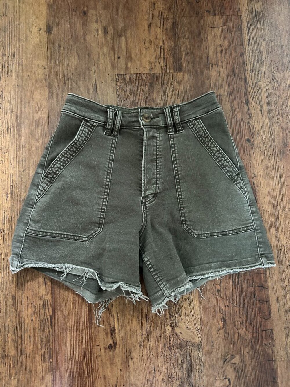 We The Free People CRVY Olive Utility Denim Shorts Size 28 High Rise Cutoff